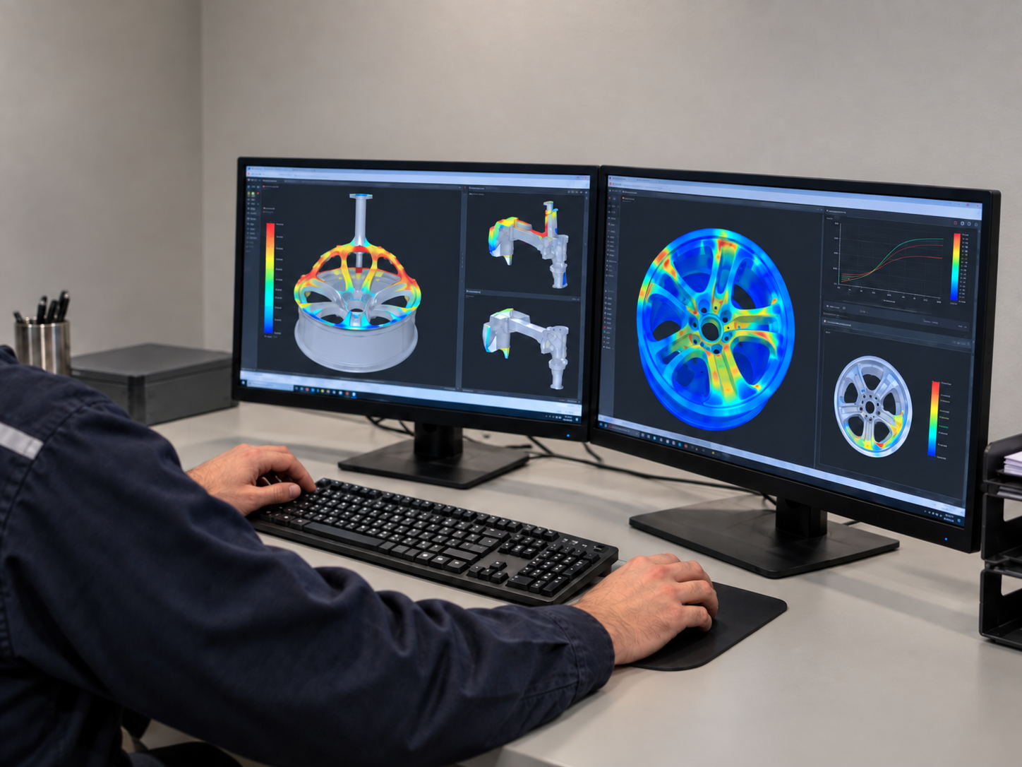 Engineer reviewing simulation analysis of a cast aluminum wheel on dual monitors